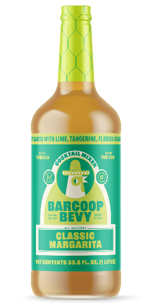 Bottle of Barcoop Bevy Classic Margarita with a green cap on a white background