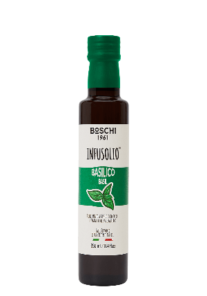 Bottle of Bosch Infusolio Basilico olive oil on a white background
