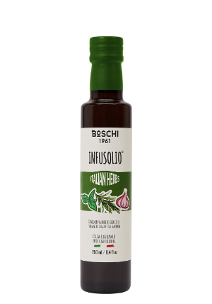 Bottle of Boschi Infusolio Italian Herbs olive oil on a white background