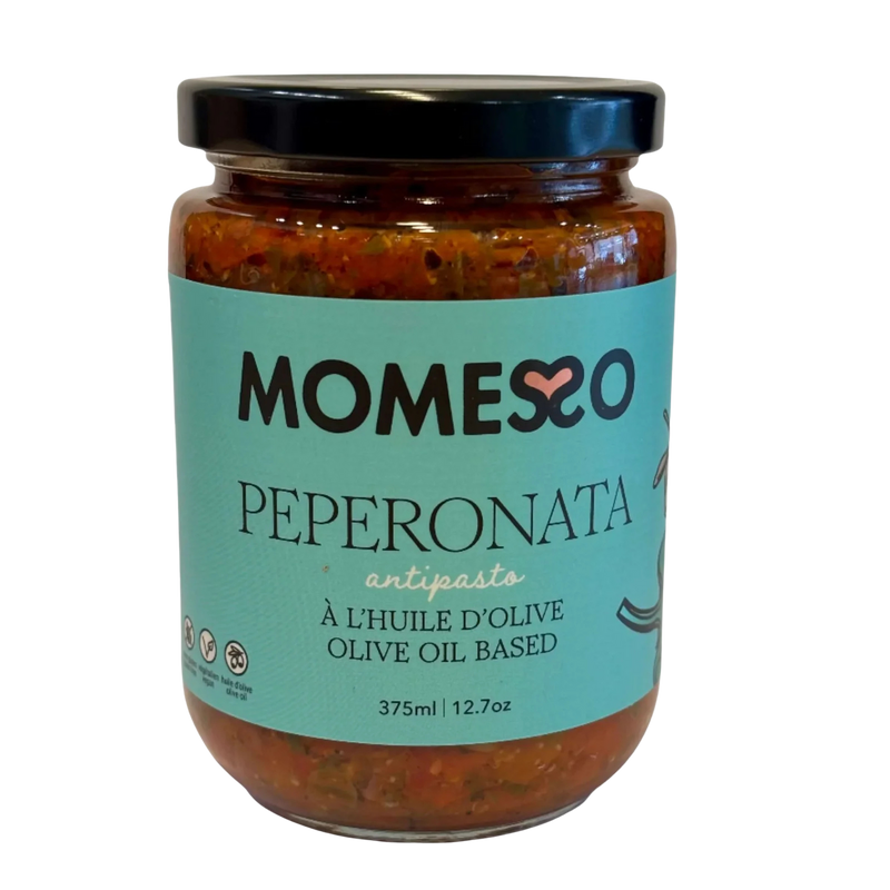 Jar of Momesco Peperonata antipasto on a white background