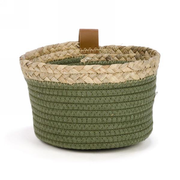 Olive green basket with natural trim