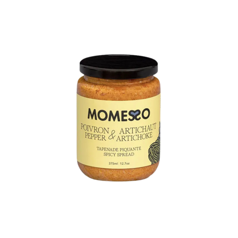 Jar of Momeso tapenade with pepper and artichoke on a white background