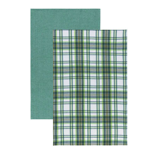 Plaid + Waffle Green Dishtowel Set of 2